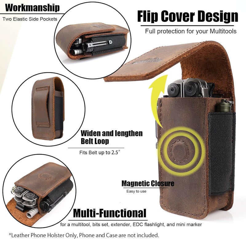 topstache Leather Multitool Sheath for Belt - Multitool Holster for Belt - Multitool Pouch Fits Folding Tool - Magnetic Closure EDC Belt Organizer - EDC Belt Pouch - Multitool Holder, DarkBrown - Image 4